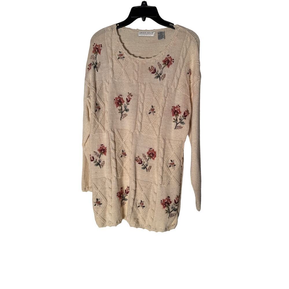 Vintage Carolyn Taylor Cream Sweater w/Mauve Embroidered Flowers Women's Size M